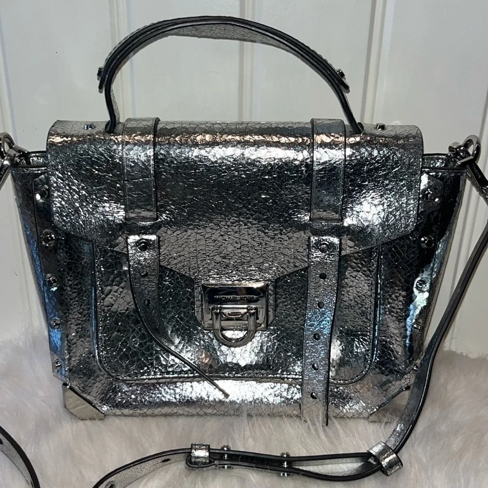 Michael Kors Silver Leather Satchel Handbag cyberpunk Avant Garde artsy unique